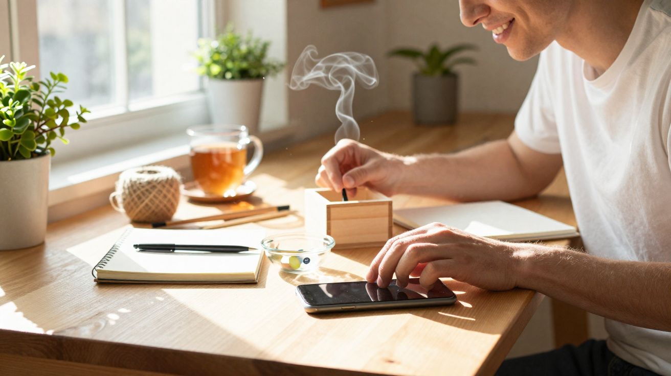 Pessoa acendendo incenso num espaço de trabalho com caderno, chá e telemóvel junto à janela.