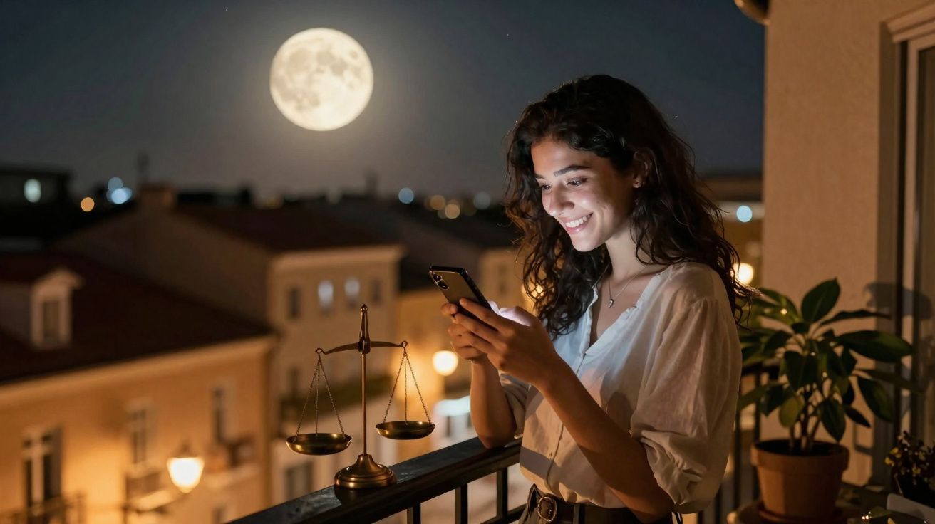 Mulher sorridente com telemóvel na mão numa varanda à noite com a lua cheia ao fundo.