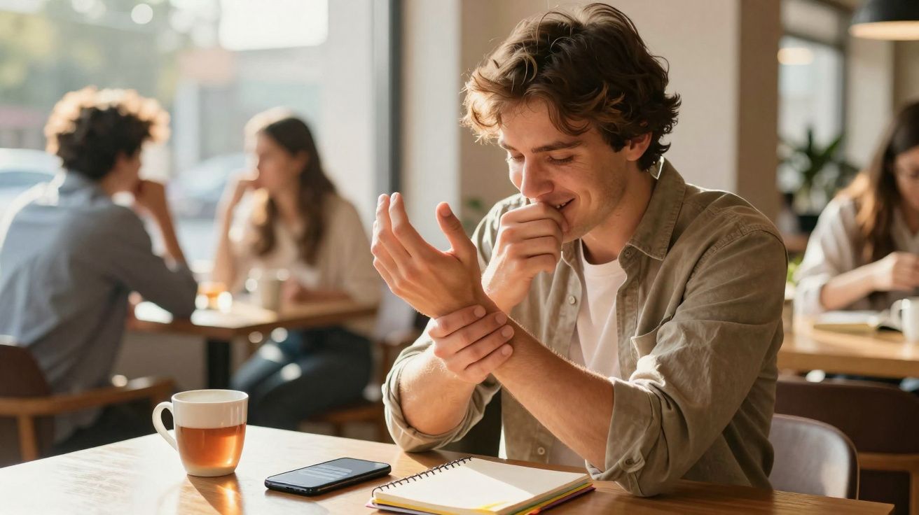 Jovem sentado numa mesa com caderno e chá, esfregando o pulso com expressão de dor.