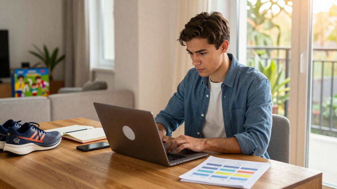 Jovem sentado à mesa a trabalhar no computador portátil com documentos e ténis ao lado numa sala iluminada.