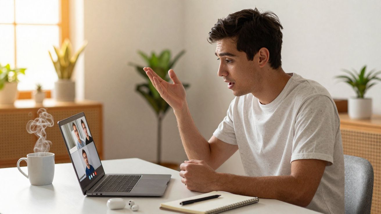 Homem a fazer videoconferência num laptop, sentado numa mesa com café, caderno e auscultadores.