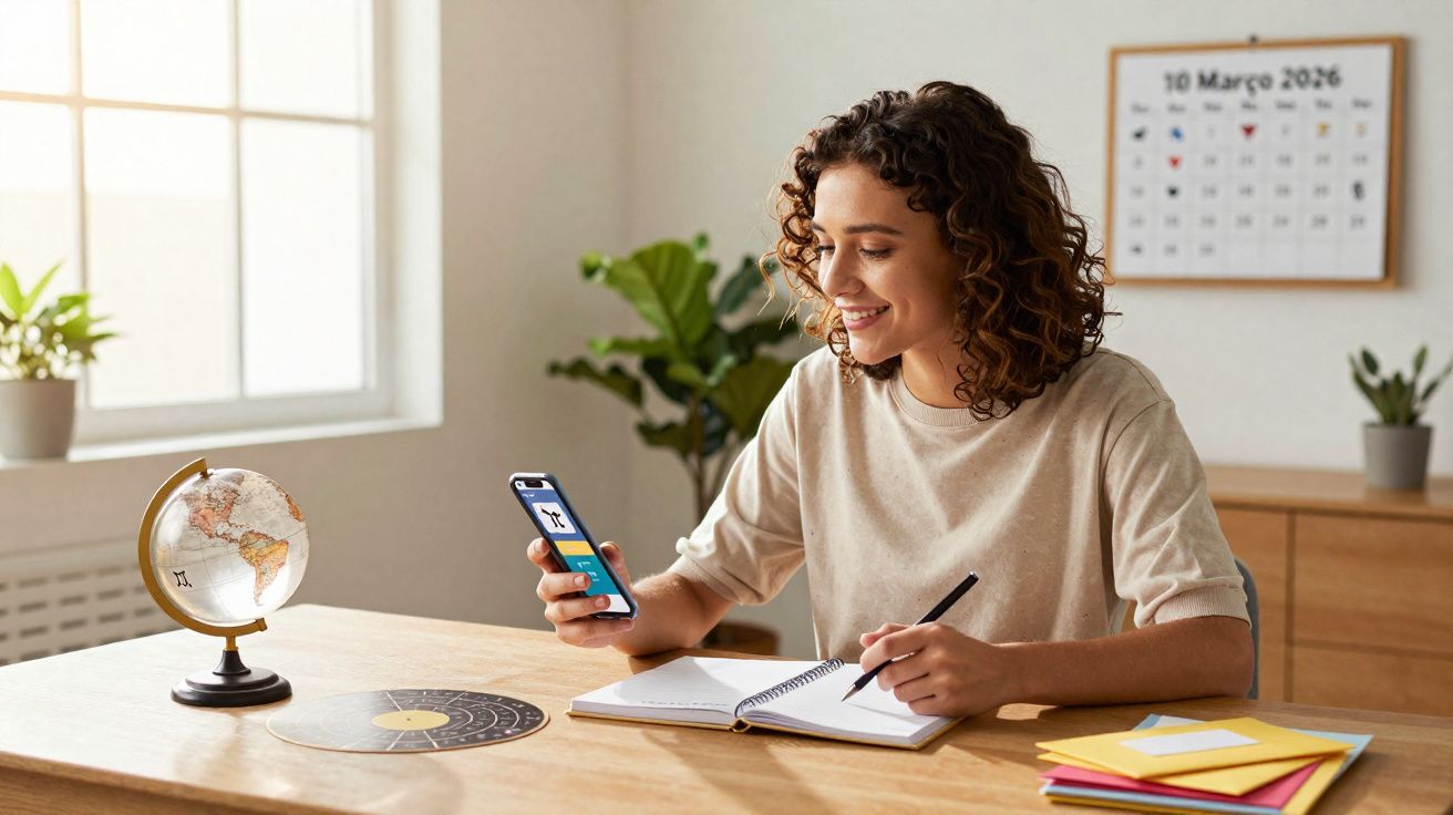 Mulher sorridente a estudar com telemóvel e caderno numa mesa, em espaço iluminado com calendário na parede.