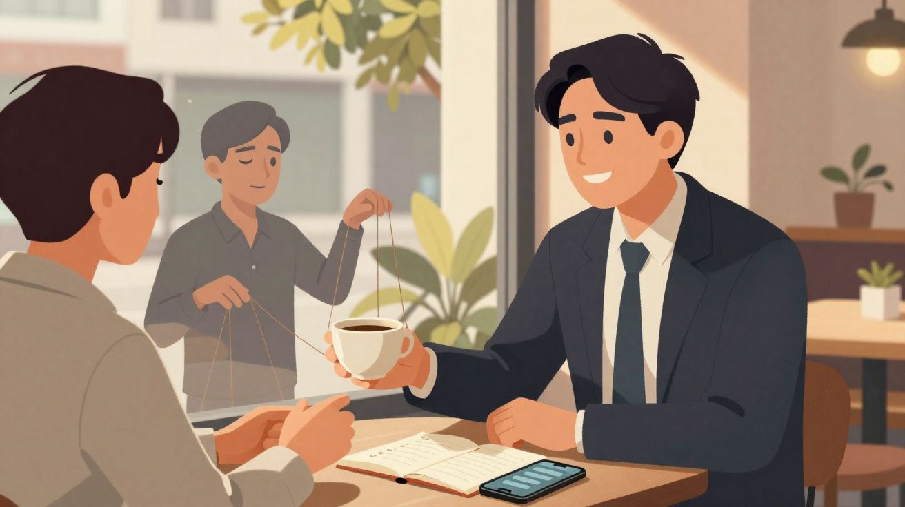 Duas pessoas a conversar num café, uma oferece uma chávena de café à outra, janela com vista para a rua.