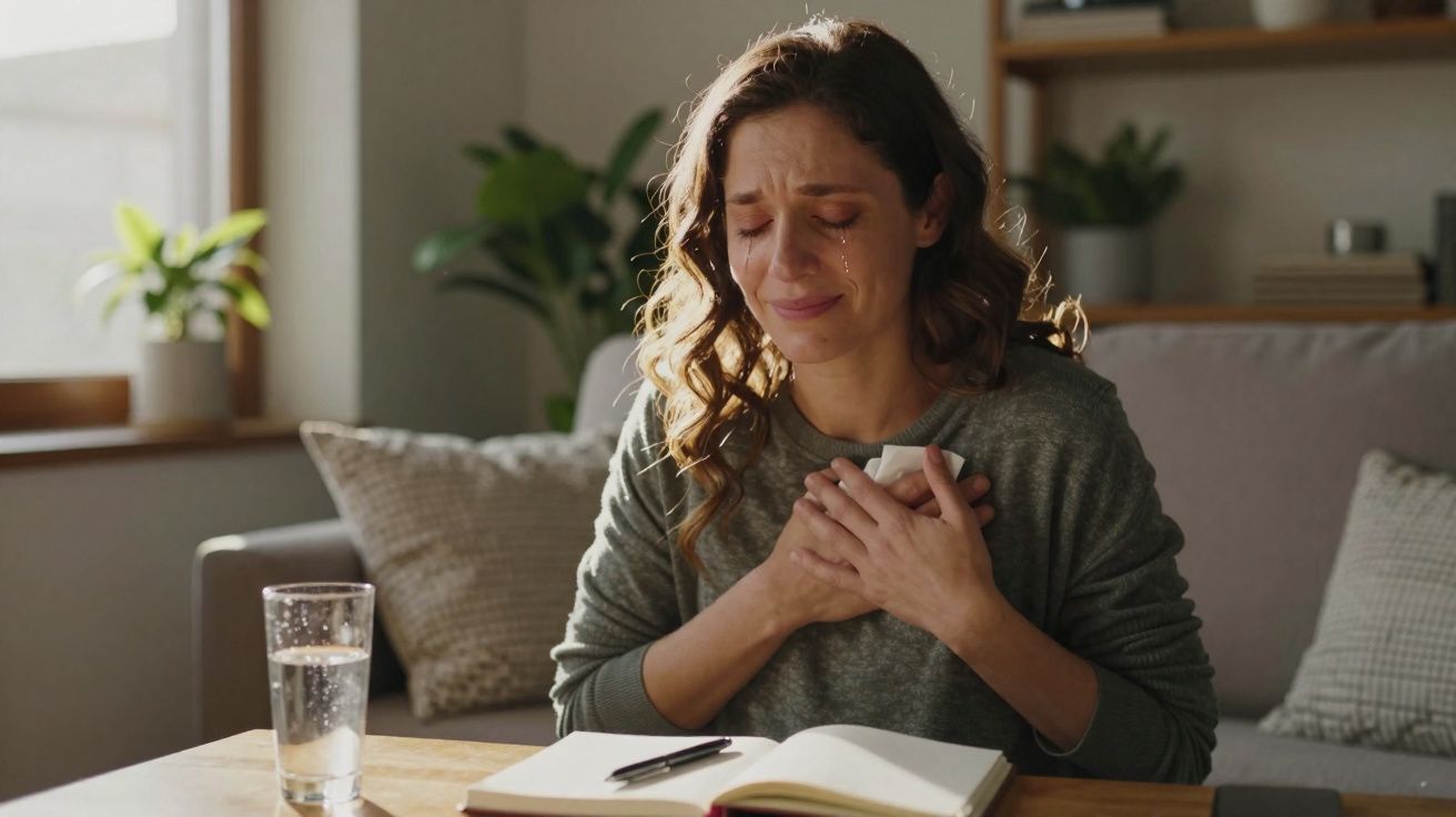 Mulher sentada a chorar, segurando um lenço perto do peito, com um livro aberto e copo de água na mesa.