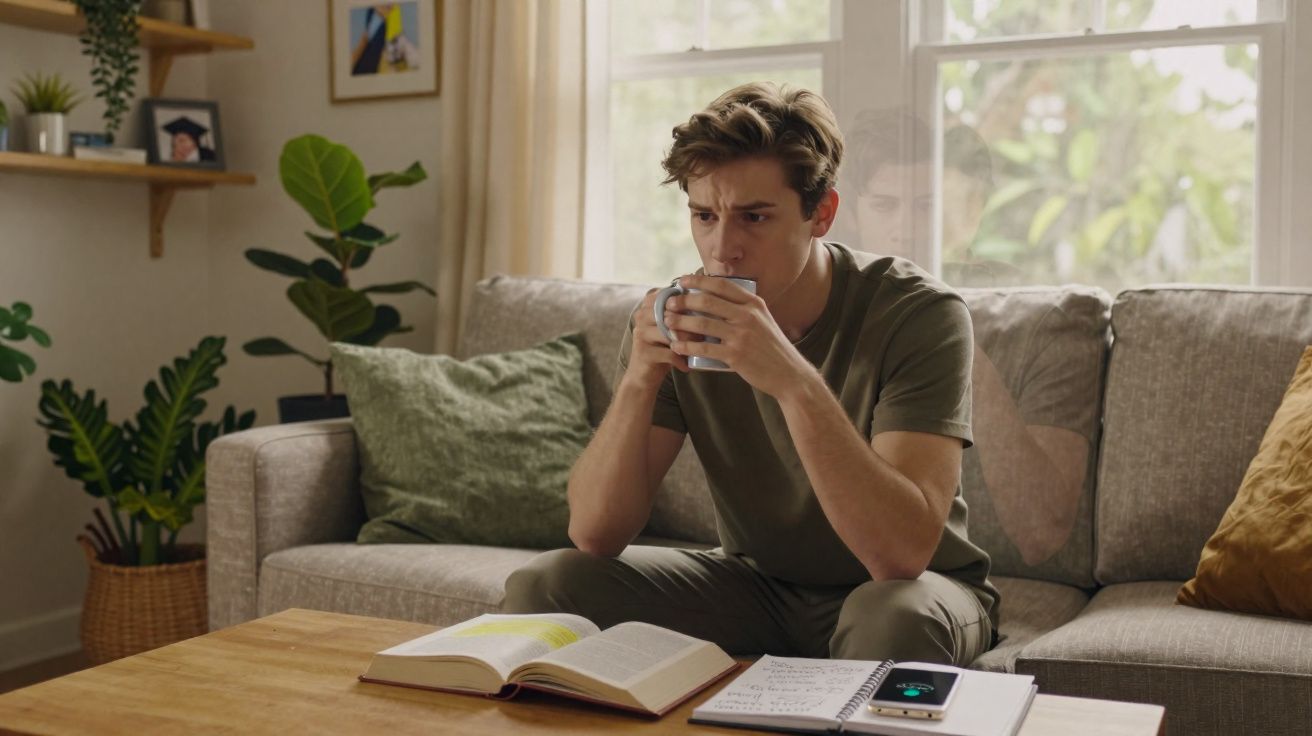 Homem sentado no sofá a beber chá, com livro aberto e caderno numa mesa de madeira à frente.