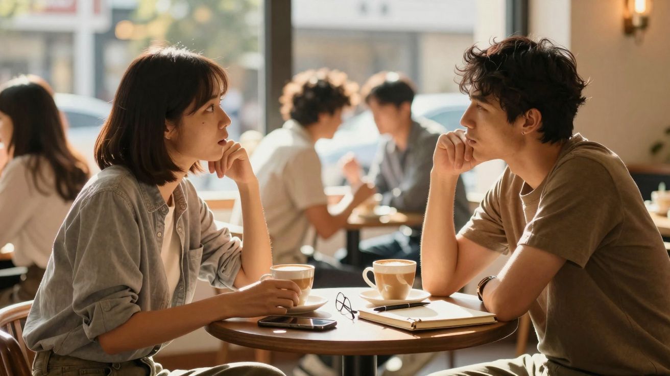 Casal sentado numa mesa de café a conversar, com chávenas, caderno e telemóvel em frente.