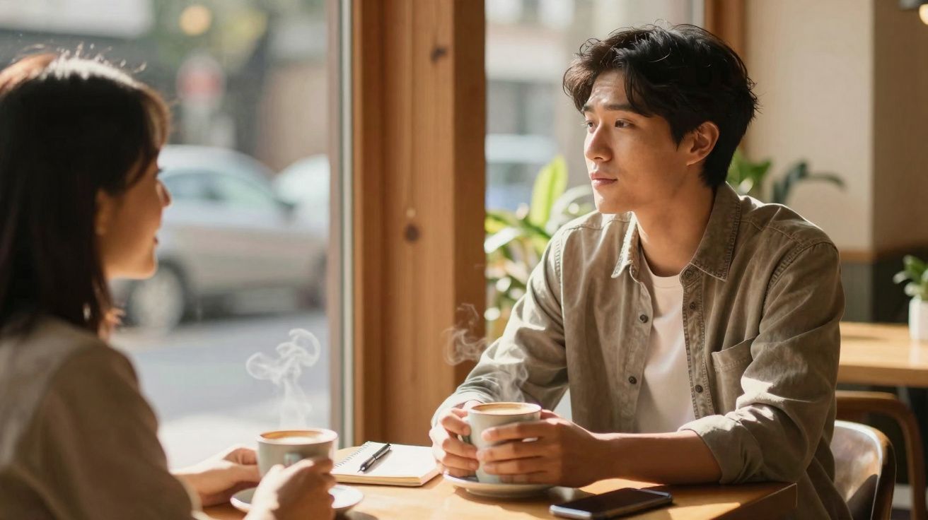 Duas pessoas sentadas numa cafetaria, a conversar e a beber café num ambiente luminoso e acolhedor.