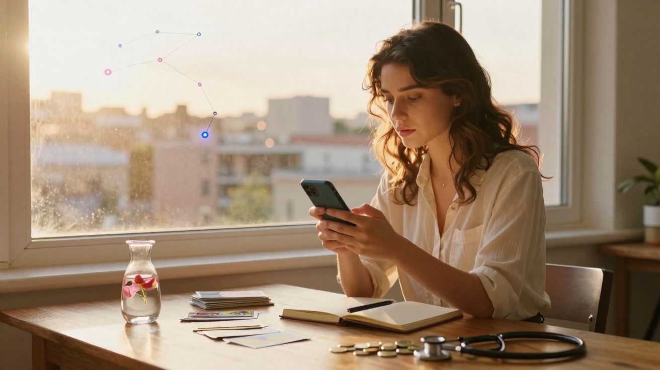 Mulher sentada numa mesa com smartphone, caderno e estetoscópio, junto a uma janela ao entardecer.