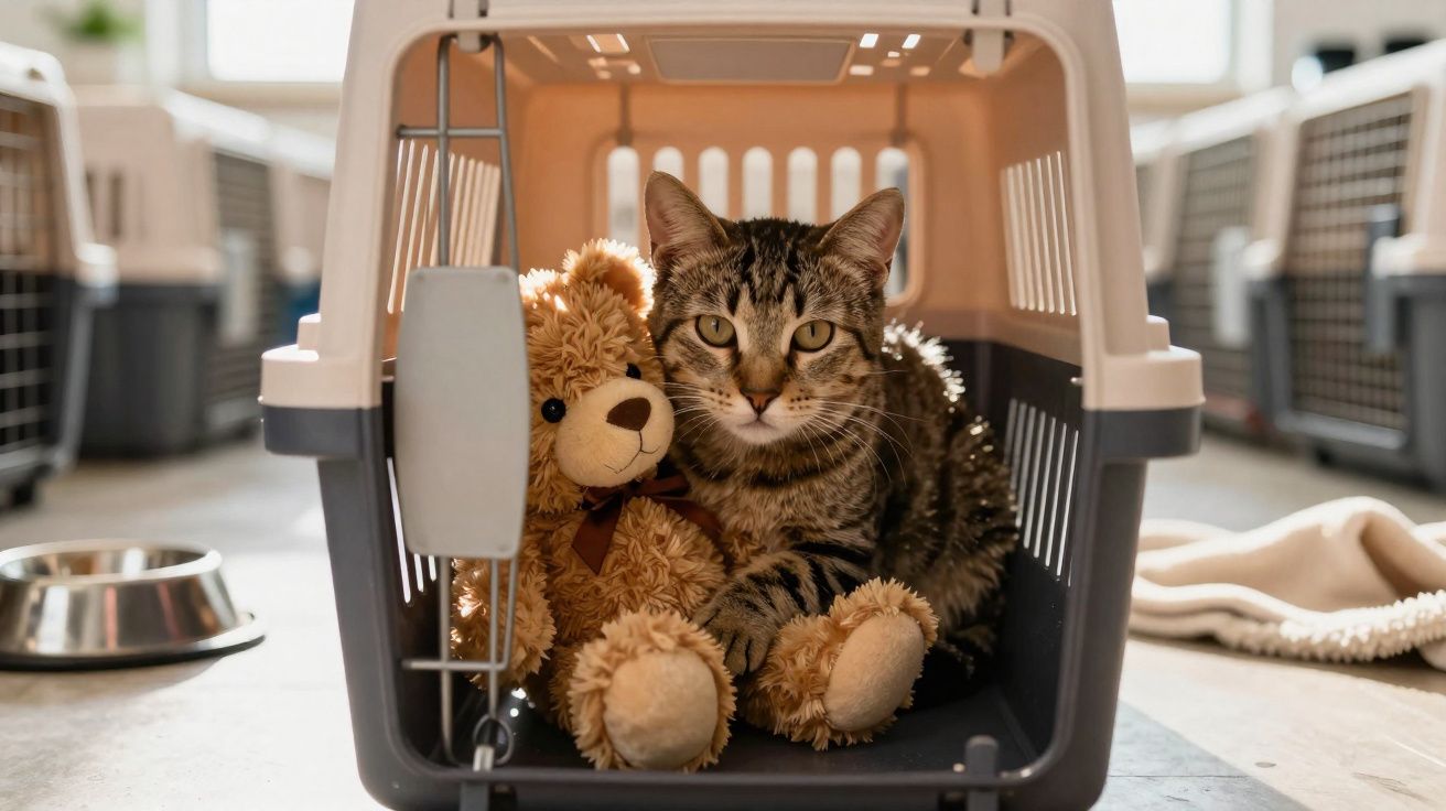 Gato tigrado sentado ao lado de um ursinho de peluche dentro de uma transportadora para animais.