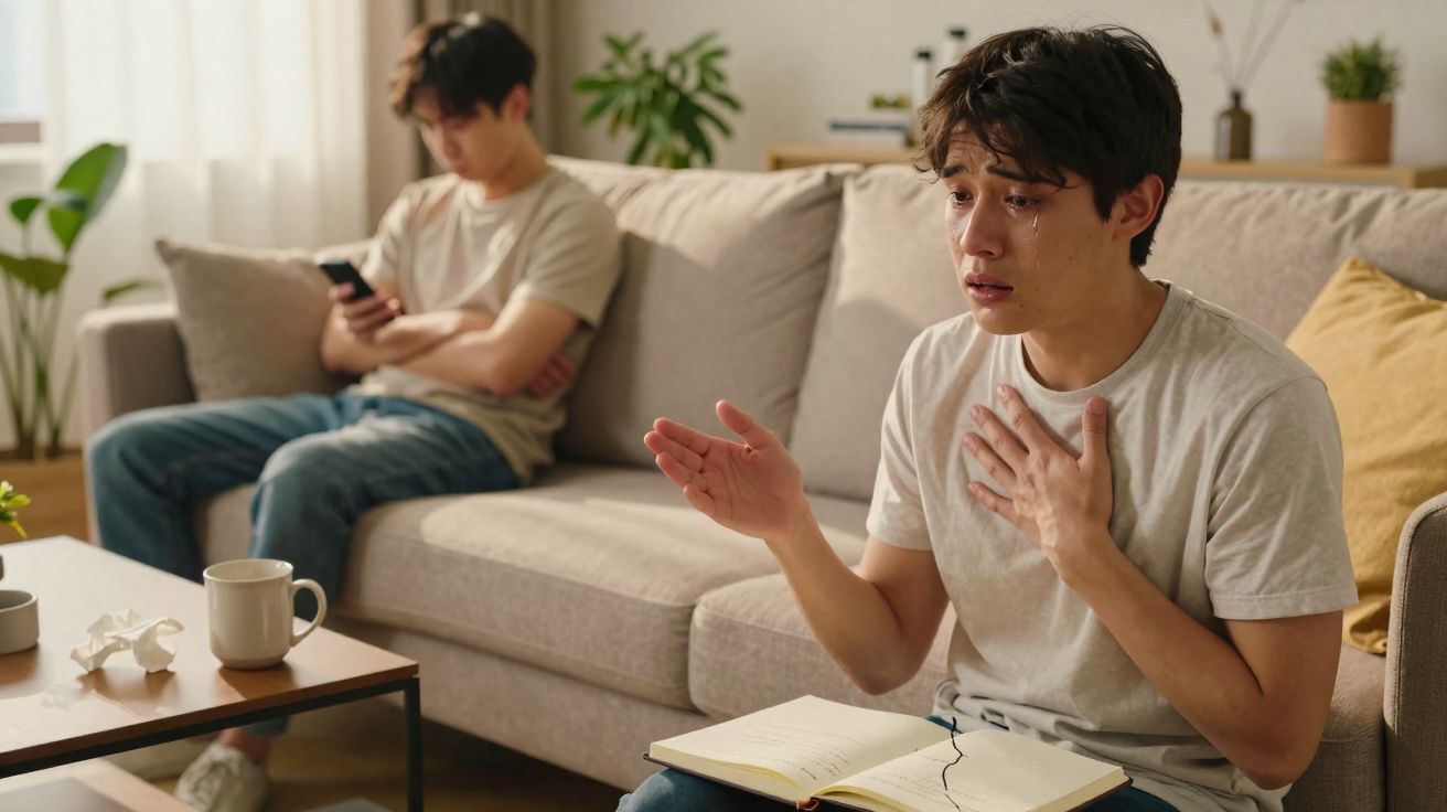 Dois homens em sala, um chorando e gesticulando, outro sentado ao fundo usando telemóvel.