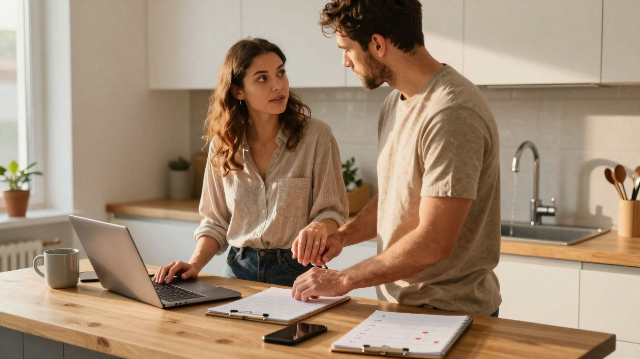 Casal jovem a discutir documentos num balcão de cozinha com computador portátil e telemóvel.