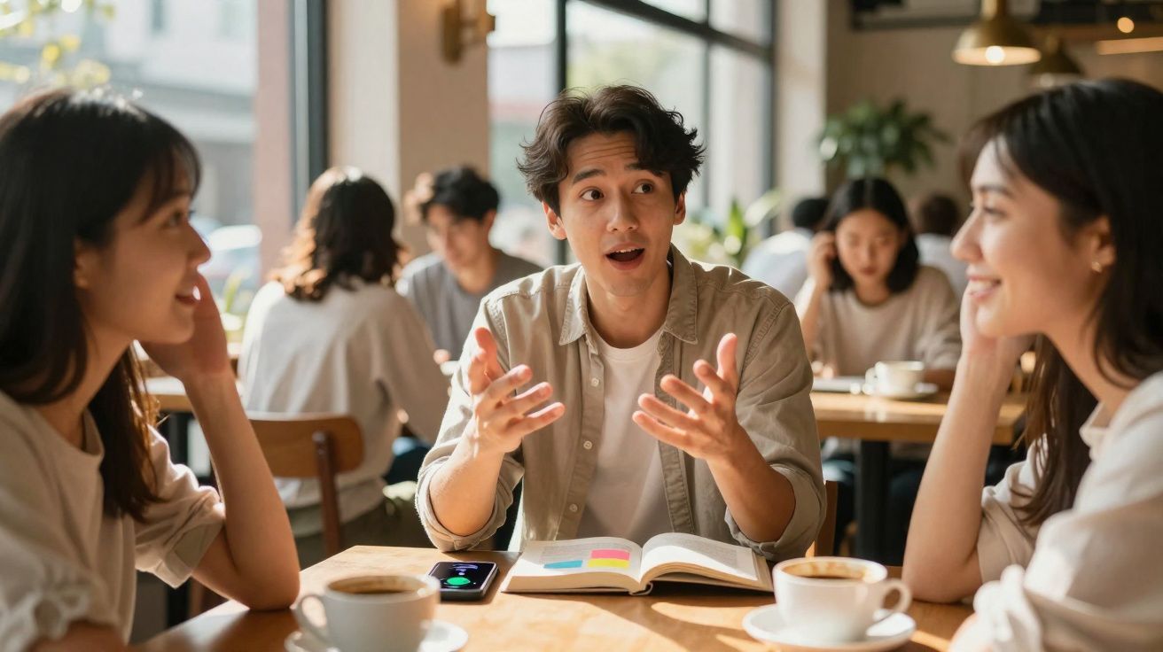Três jovens sentados à mesa de um café, conversando animadamente com livros e café à frente.