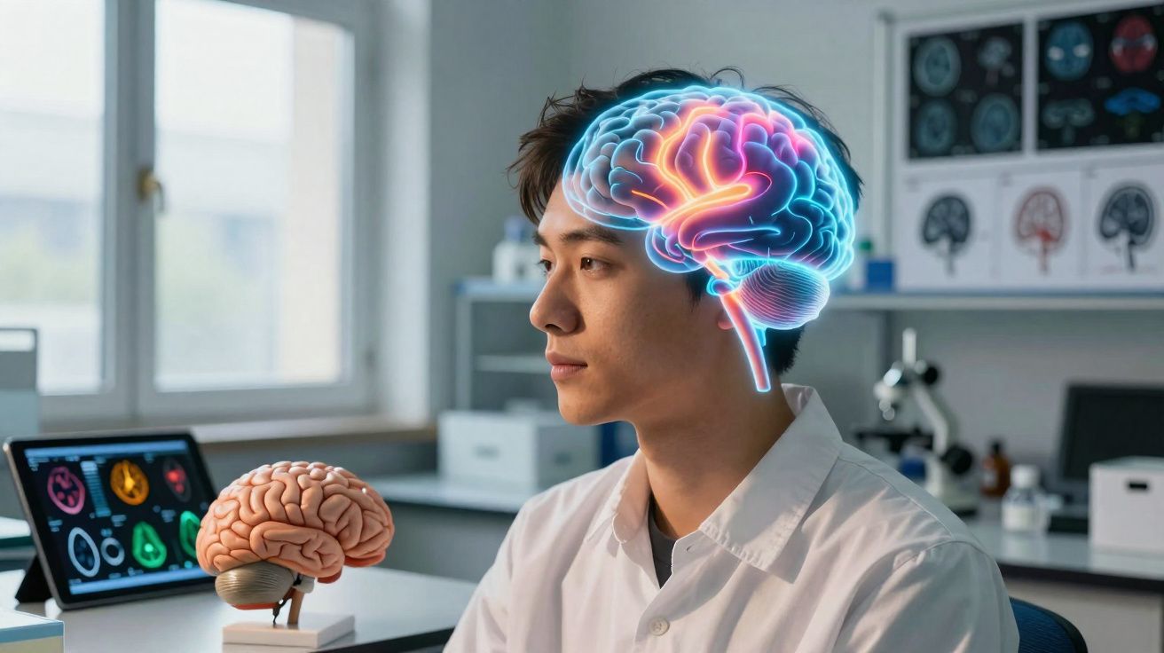 Homem jovem num laboratório com visualização digital do cérebro sobre a sua cabeça e modelo de cérebro na mesa.