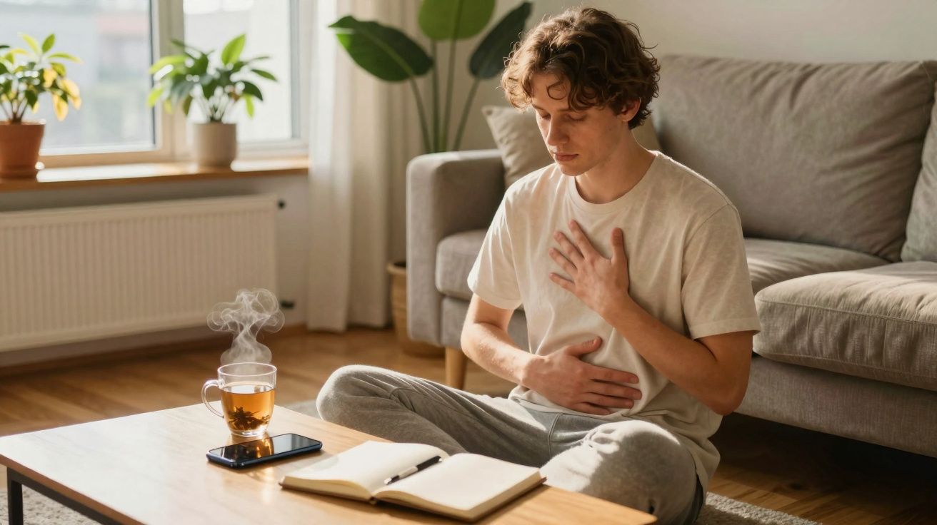 Jovem sentado no chão com mãos no peito e estômago, aparente desconforto, chá quente e caderno na mesa.