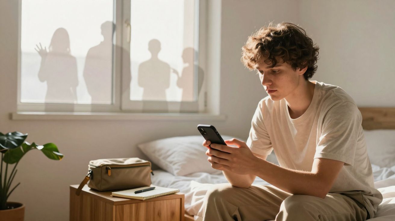 Jovem sentado na cama a olhar para o telemóvel, com silhuetas de pessoas na janela atrás dele.