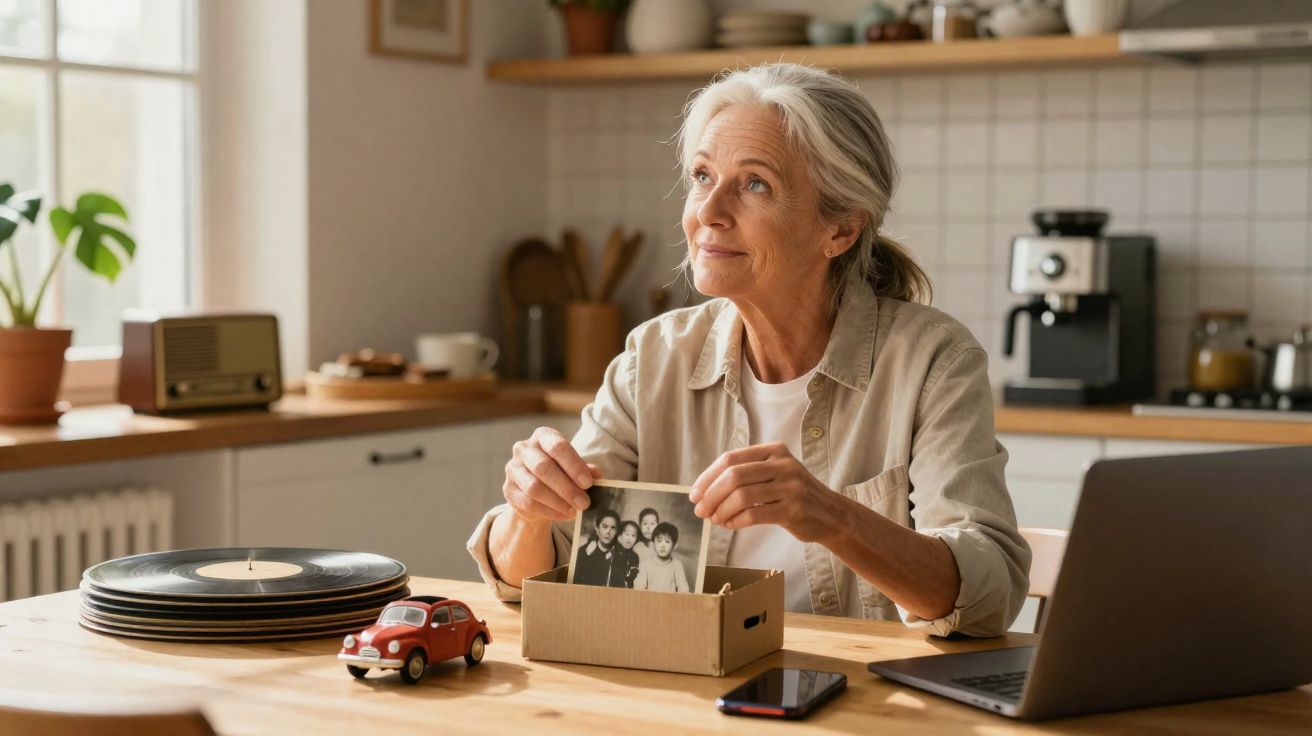 Mulher idosa sentada à mesa a olhar para uma fotografia antiga numa cozinha aconchegante.