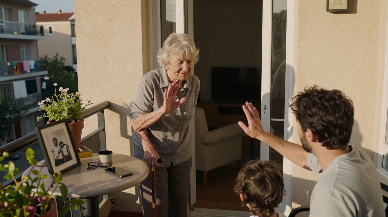 Idosa cumprimenta com a mão um homem e uma criança num terraço ensolarado.