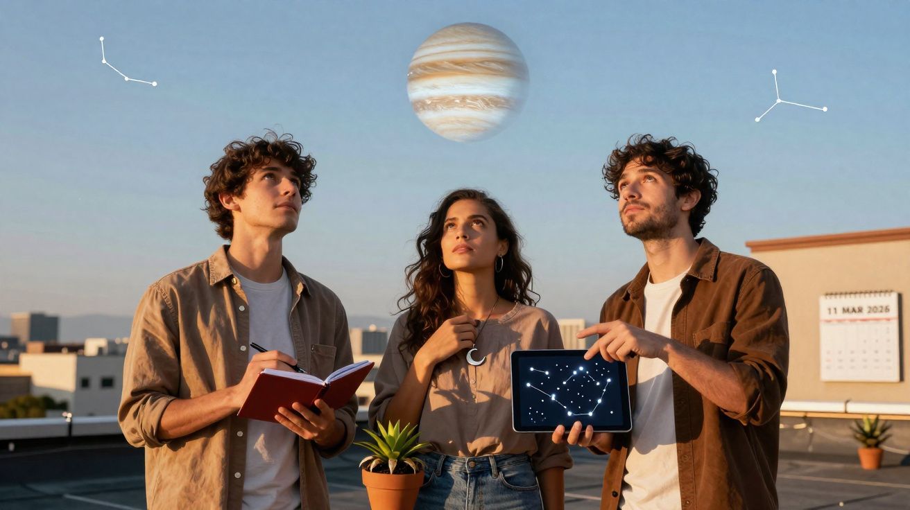 Três jovens observam o céu ao entardecer com constelações digitais e um planeta gigante acima deles.