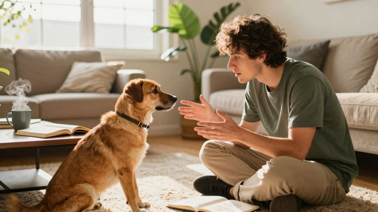 Jovem sentado no chão a conversar com cão sentado numa sala iluminada e confortável.
