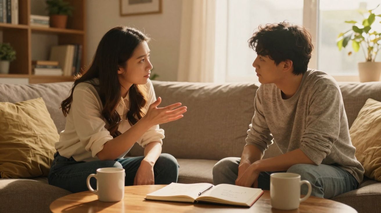 Casal sentado no sofá a conversar de forma séria, com cadernos na mesa e duas chávenas de café.