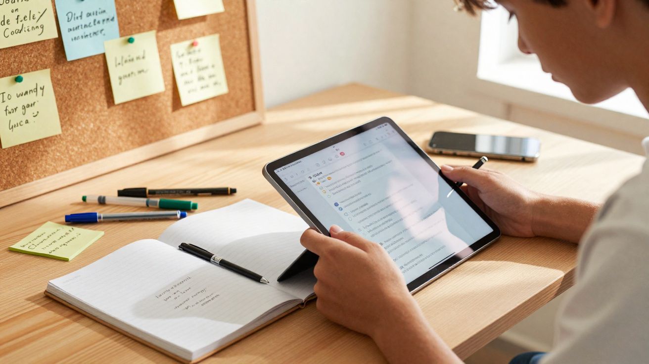 Pessoa sentada a estudar numa secretária com tablet, caderno, canetas e um quadro de notas ao fundo.