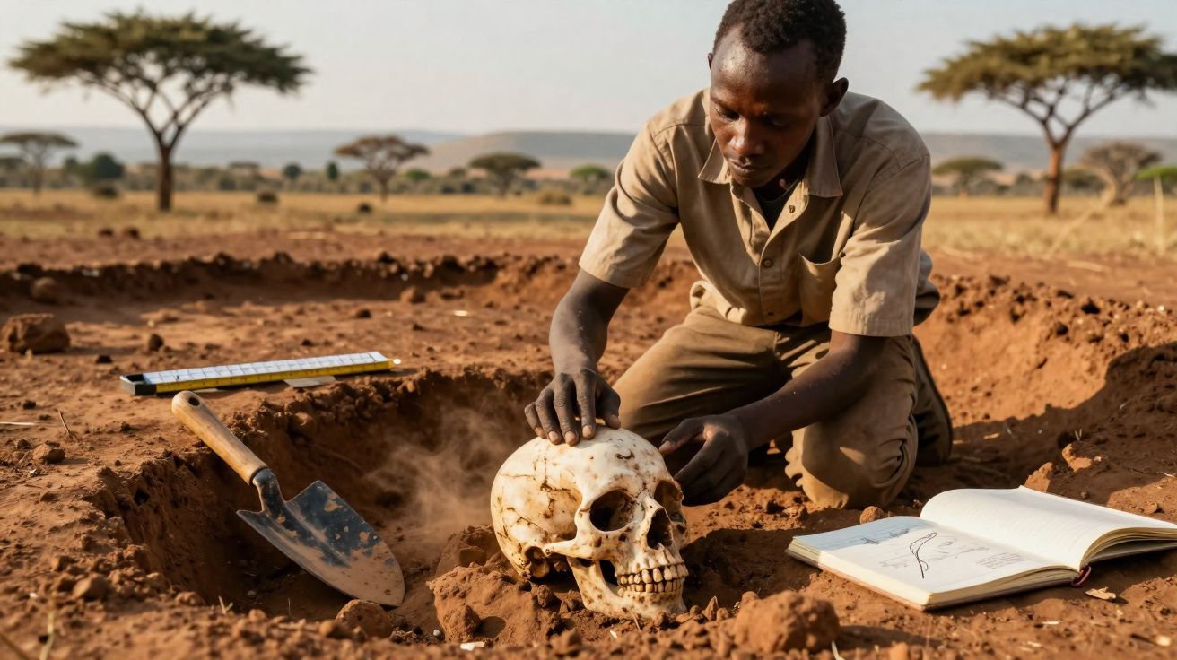 Homem arqueólogo a examinar um crânio humano durante escavação num sítio arqueológico em terra seca.
