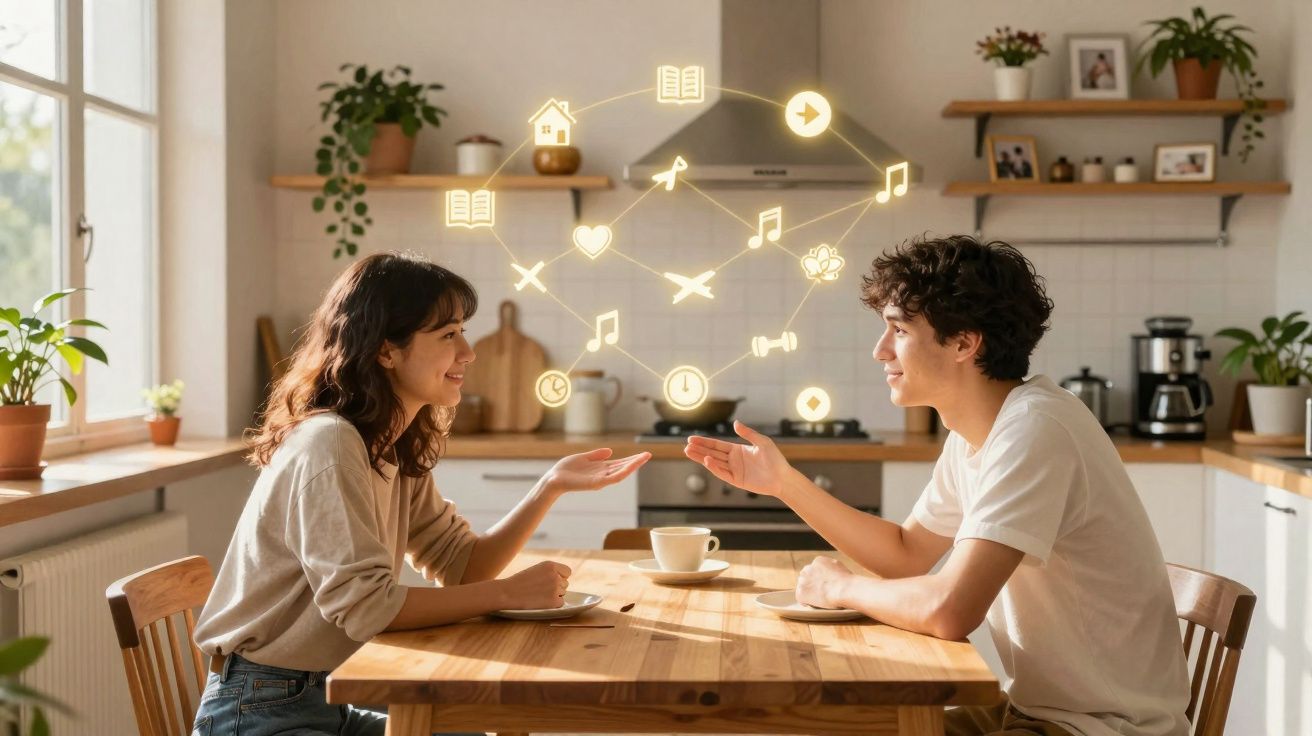 Casal a conversar na cozinha com ícones de comunicação digital flutuando entre eles.