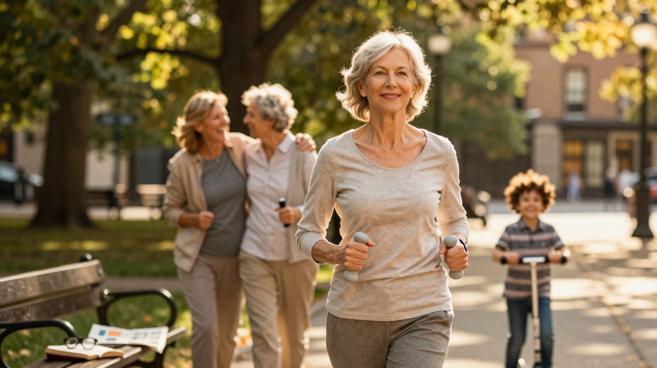Mulher sénior a caminhar com bastões de caminhada num parque, com duas amigas e uma criança ao fundo.