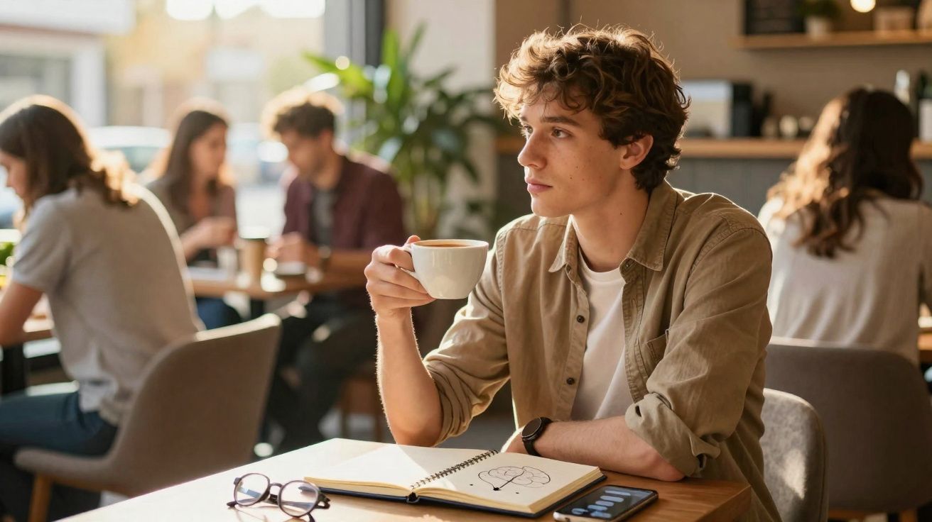 Jovem sentado numa cafetaria, segurando uma chávena de café, com caderno e telemóvel sobre a mesa.