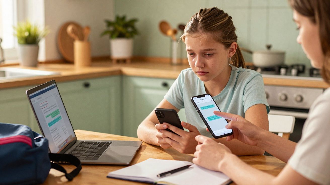 Garota preocupada segura telemóvel enquanto adulta lhe mostra mensagens num outro telemóvel na cozinha.