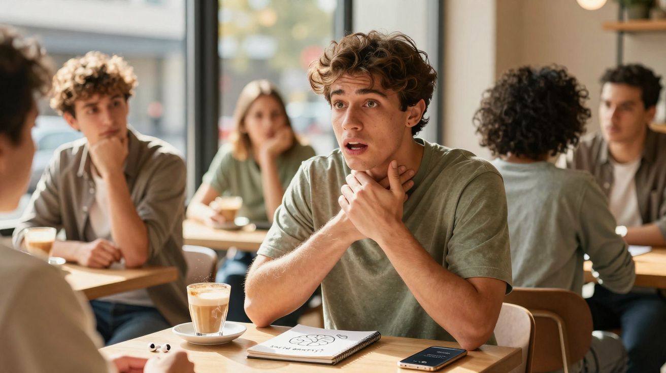 Jovem com expressão preocupada sentado numa mesa de café a conversar com outras pessoas.