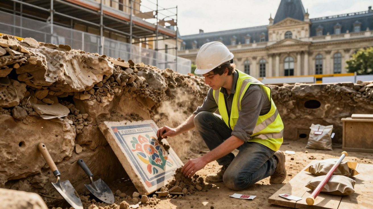Arqueólogo com capacete e colete amarelo a escavar e limpar mosaico colorido numa escavação urbana.