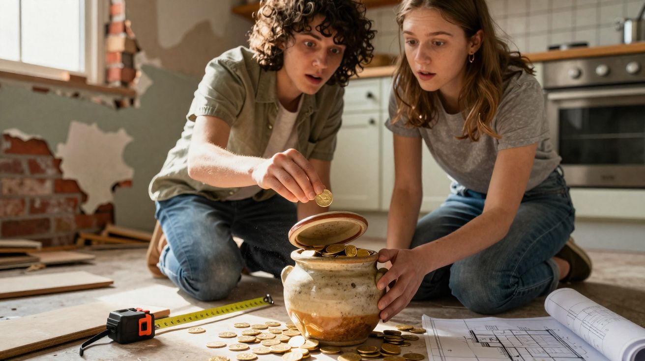 Duas pessoas jovens a recolher moedas douradas de um pote em chão de uma casa em remodelação.