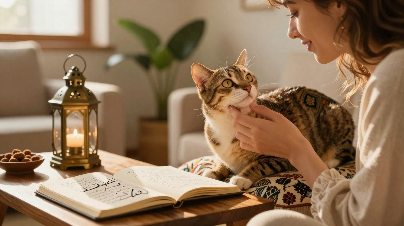 Mulher acaricia gato que está numa almofada junto a uma mesa com livro aberto e vela acesa.