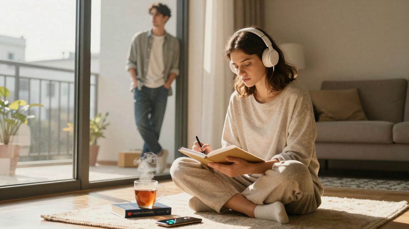 Mulher sentada no chão a escrever num caderno com auscultadores, chá e homem ao fundo numa varanda.