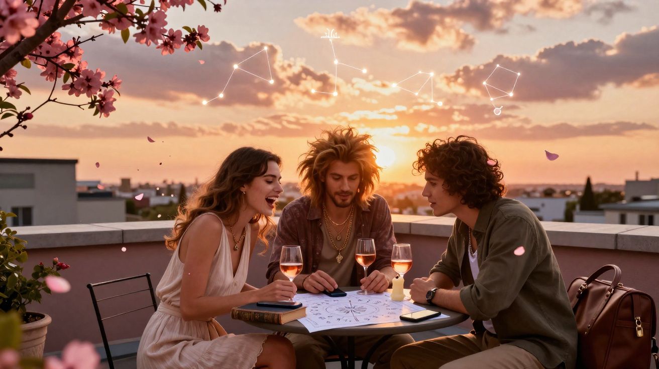 Três jovens a conversar e a ler mapa astral num terraço ao pôr do sol com flores de cerejeira ao lado.