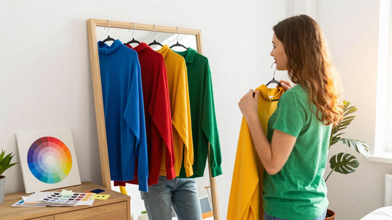 Mulher a escolher camisola amarela entre várias coloridas penduradas em cabides junto a espelho.