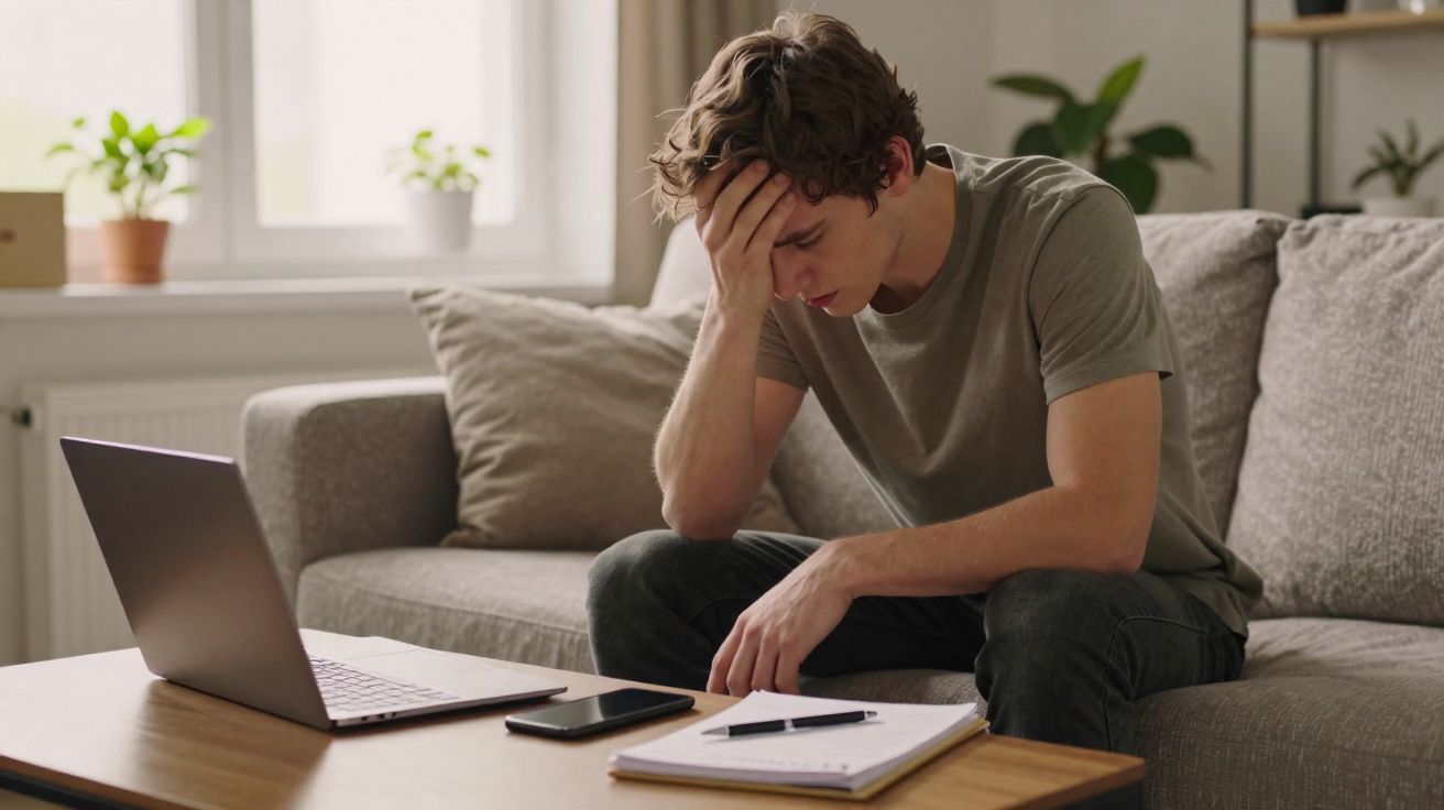 Jovem sentado no sofá com expressão preocupada, ao computador portátil e caderno numa mesa de madeira.