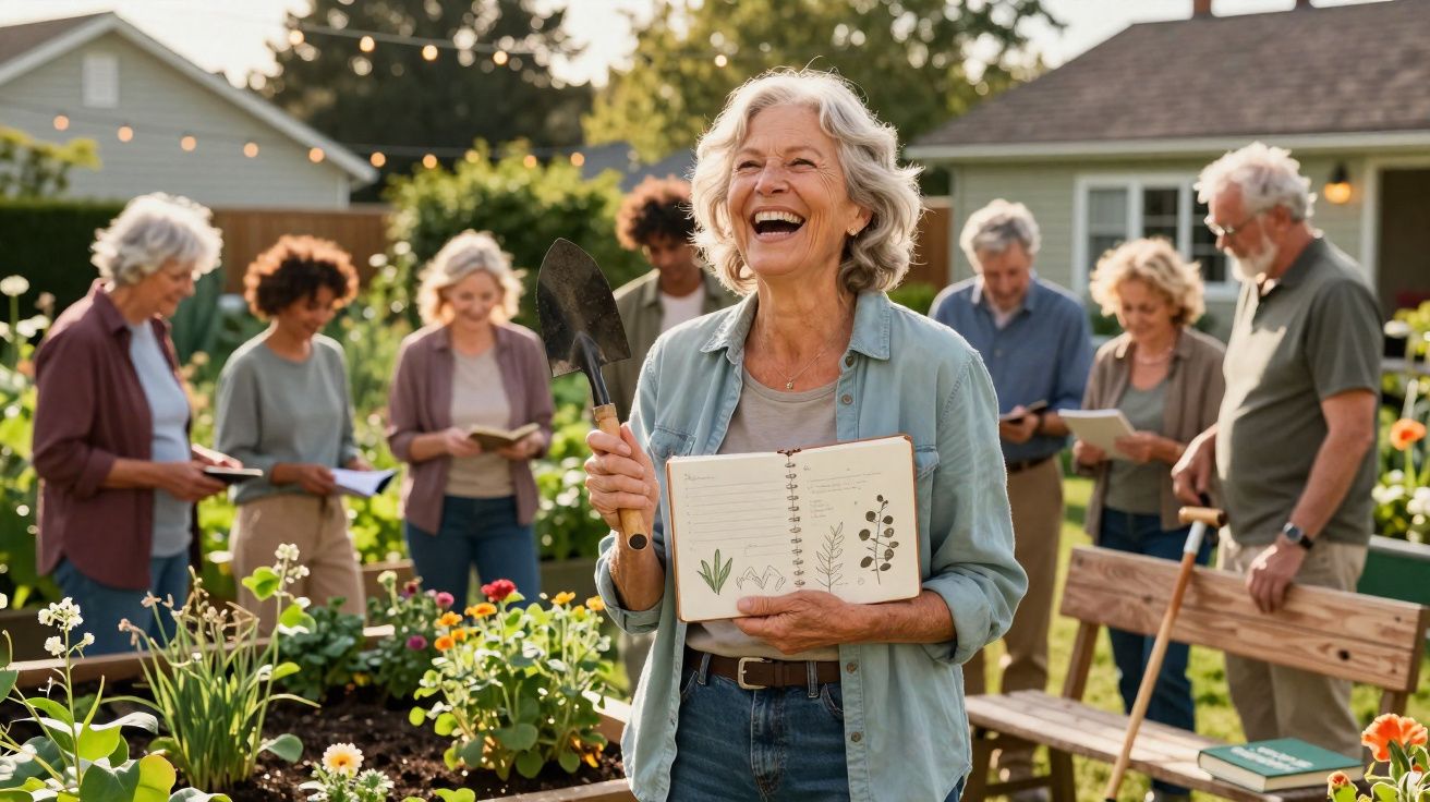 Grupo de adultos idosos a aprender jardinagem ao ar livre numa horta comunitária.