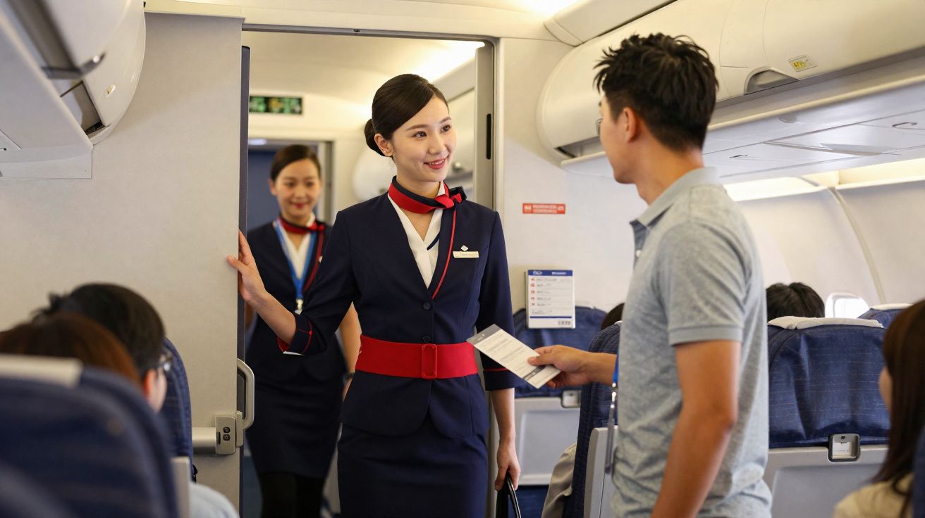 Assistente de voo em uniforme a receber bilhete de passageiro num avião.