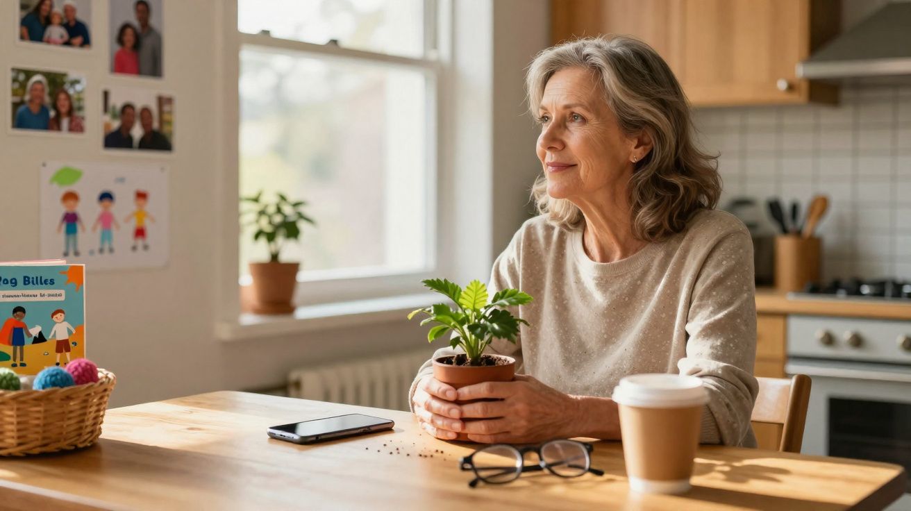 Mulher idosa sentada à mesa da cozinha a segurar um vaso com planta e olhar pela janela.