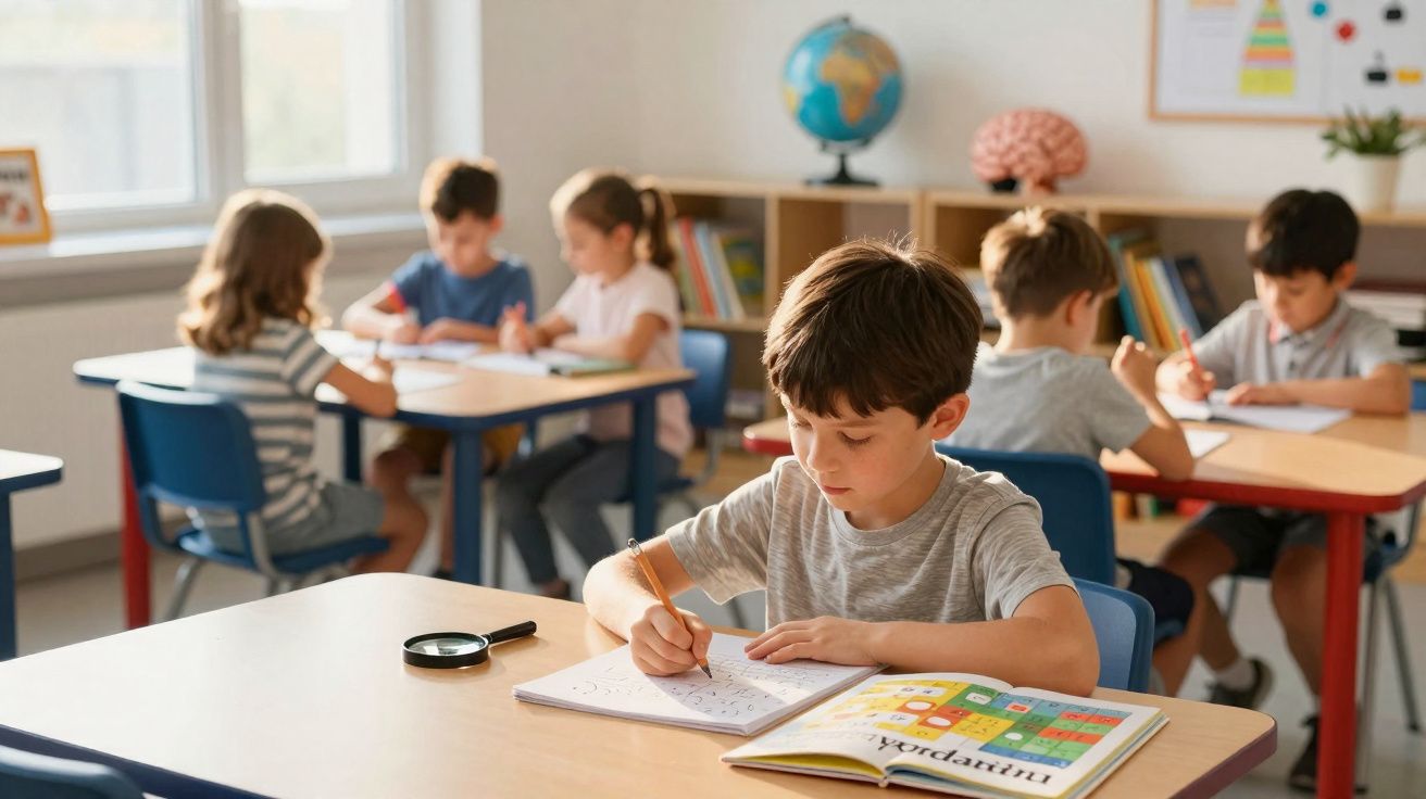 Crianças sentadas em mesas a fazer atividades escolares numa sala de aula luminosa.