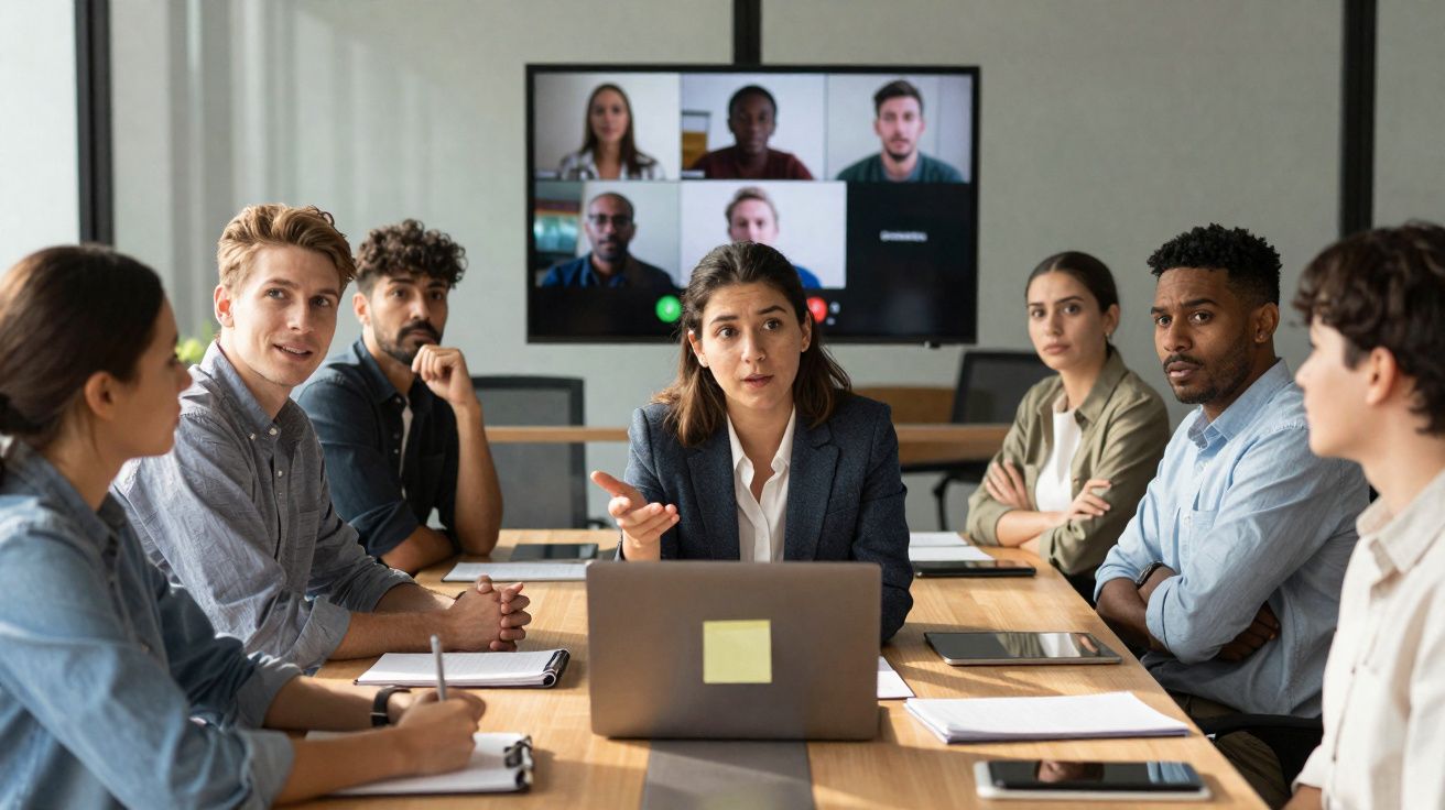 Grupo de trabalho em reunião presencial com participação de colegas por videoconferência numa sala moderna.