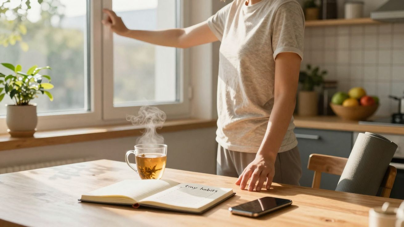 Pessoa a abrir janela numa cozinha com chá quente, caderno aberto e telemóvel sobre mesa de madeira.