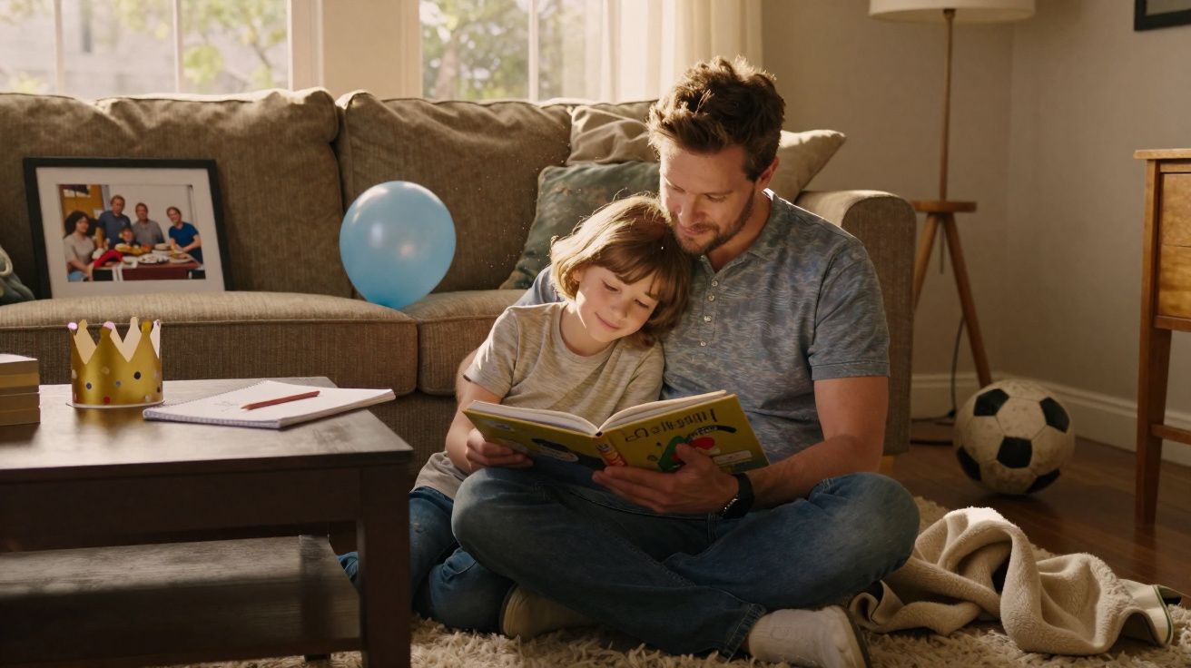 Pai e filha sentados no chão da sala a ler um livro, juntos e confortáveis, com brinquedos e decoração à volta.