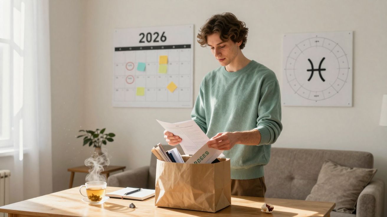 Homem a analisar documentos numa sala com calendário de 2026 e símbolo de peixes na parede.
