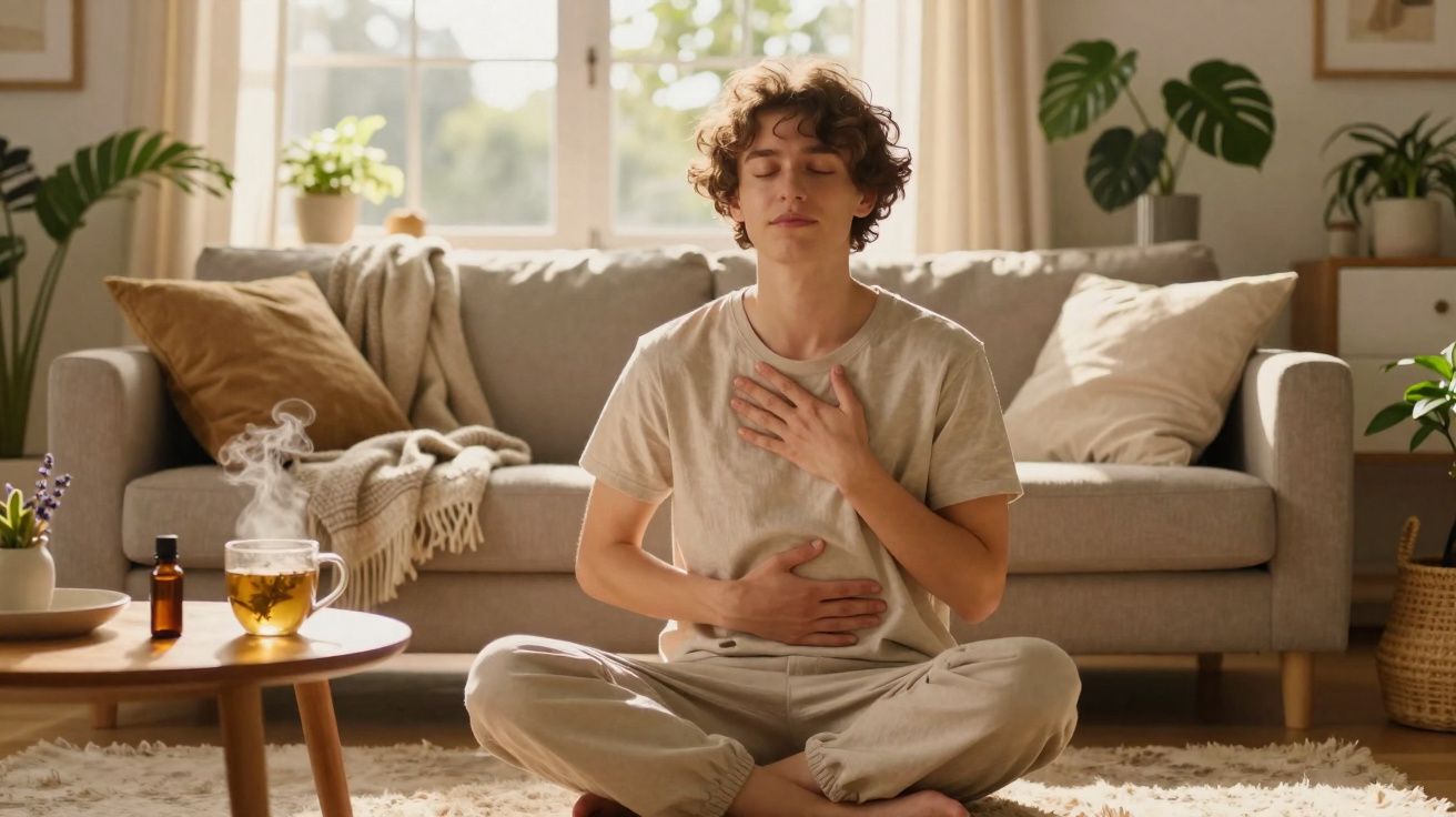 Pessoa sentada em meditação no chão de uma sala clara, com chá e plantas ao redor.