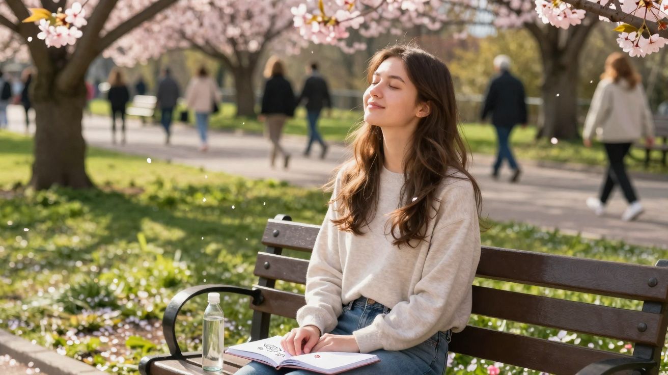 Mulher sentada num banco de jardim a ler um livro, rodeada por árvores em flor na primavera.