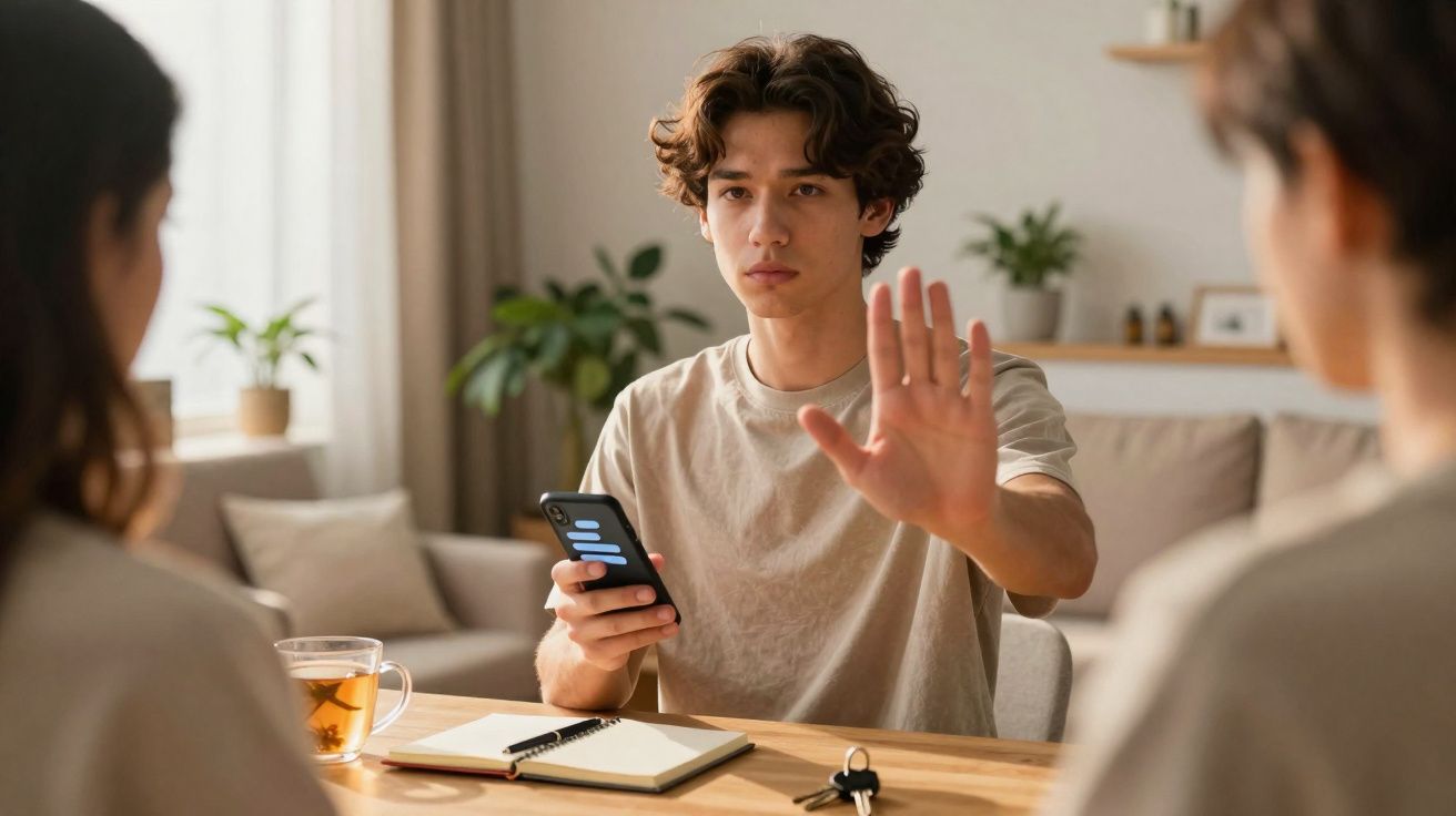 Jovem sentado à mesa com telemóvel, gesticulando para parar durante conversa com outras duas pessoas.