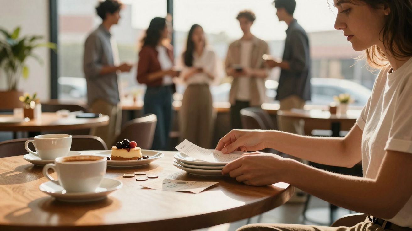 Pessoa sentada à mesa com café e sobremesa, enquanto grupo conversa ao fundo numa cafeteria iluminada.